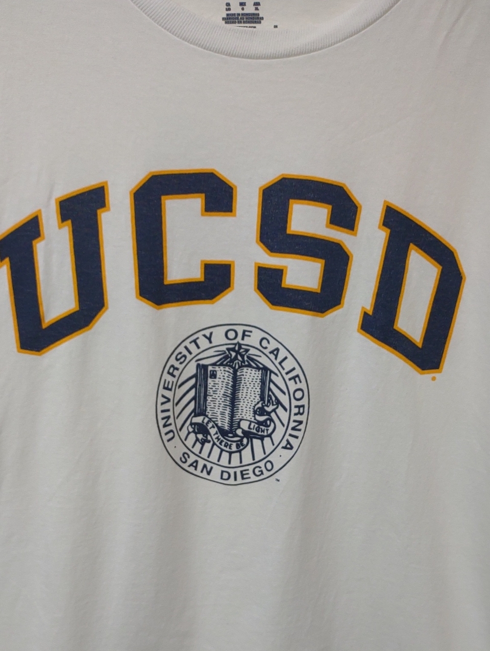 Champion White 100% Cotton SS UCSD Graphic Tee with Navy and Gold Lettering - Picture 3 of 8